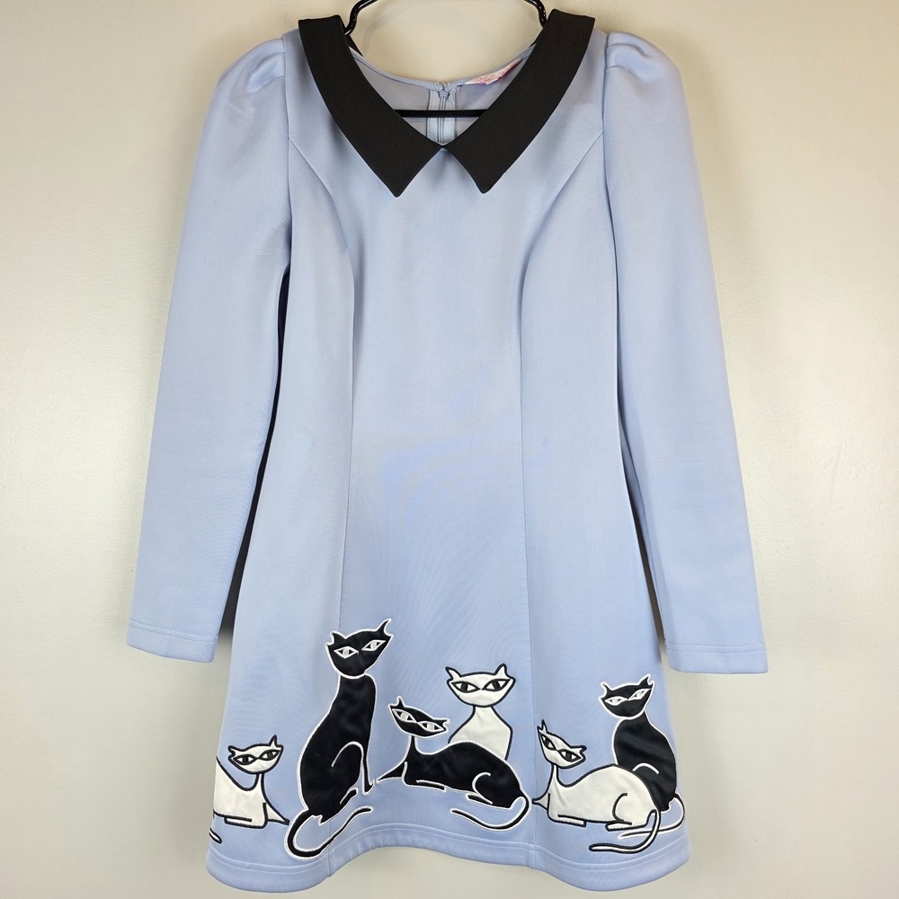 Dabuwawa Blue Dress Medium(Run Small) Embroidery Cats Blue Peter Pan Collar.E20